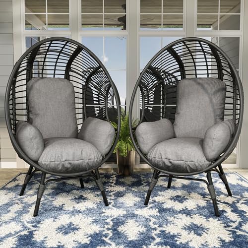 TQKVIPI 2 pcs Oversized Wicker Egg Chair Outdoor Indoor - Rattan Patio Egg Lounge Chairs with Cushion 500lbs Capacity for Living Room, Balcony, Backyard