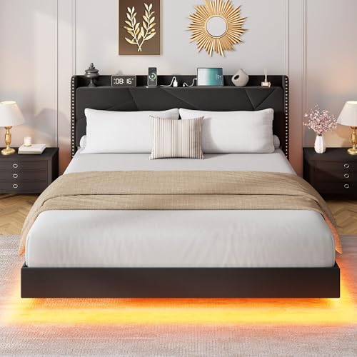 Garvee King Size Floating Bed Frame with RGB LED Lights and Charging Station, Upholstered Platform Bed with Storage Headboard and Button Tufted Design, No Box Spring Needed, Black Garvee