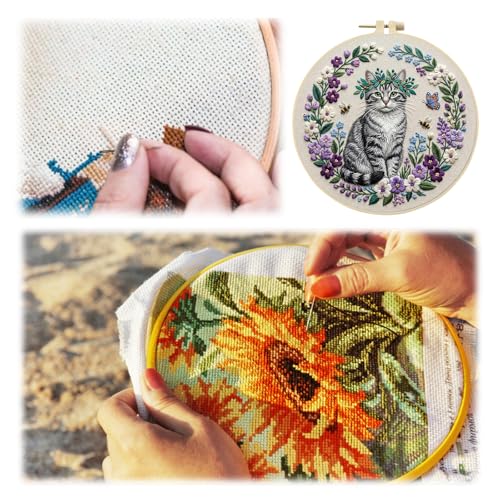 Cat Embroidery Kit for Adults - 20x20cm Pre-Stamped Pattern Cross Stitch Kit with 7.87 Inch Bamboo Hoop, Floss, Needles - DIY Craft Kit for Home Decoration & Gift Giving