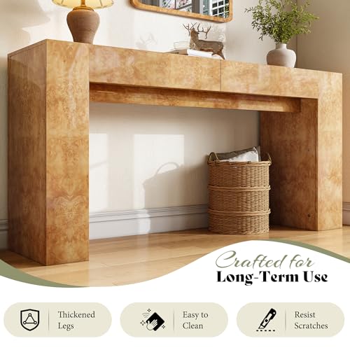 AMERLIFE 63" Burl Wood Console Table, Modern High Gloss Entryway Table with 2 Storage Drawers, Long Sofa Table Behind the Couch for Entrance, Hallway, Foyer, Living Room, Natural AMERLIFE