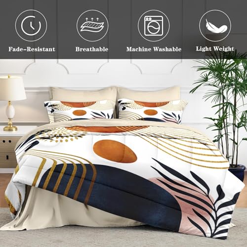 WeCozy 7 Pcs Queen Size Comforter Set with 2 Pillowcases & 2 Shams, Mid Century Bedding for Adults, Sun Boho Geometric Rainbow Bed in a Bag with Flat Fitted Sheet WeCozy