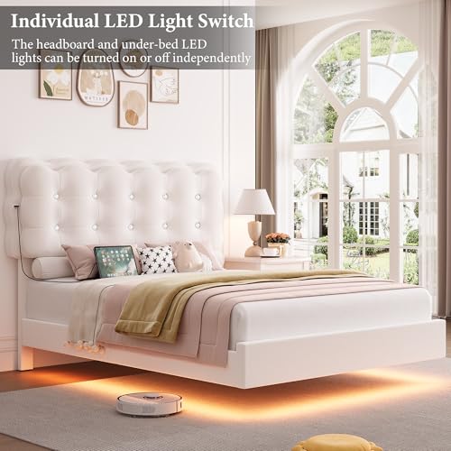 HIFIT Upholstered Twin LED Bed Frame with Charging Station and Adjustable Crystal Button-Tufted Puffs Headboard, Velvet Princess Floating Platform Bed Frames for Girls/Kids, No Box Spring Needed,Beige HIFIT