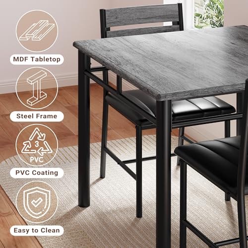 IRONCK Dining Table Set for 2, Small Kitchen Table with Upholstered Chairs for Kitchen & Dining Room, Compact Dining Set for Small Spaces, Gray IRONCK