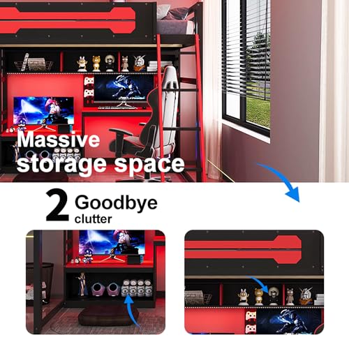 OYUMOENTS Full Size Gaming Loft Bed with Desk and LED Lights, Wood Loft Bed with Storage Shelves & USB Ports, Full Size Loft Beds Frame for Adults Kids Teens, Black+Red OYUMOENTS
