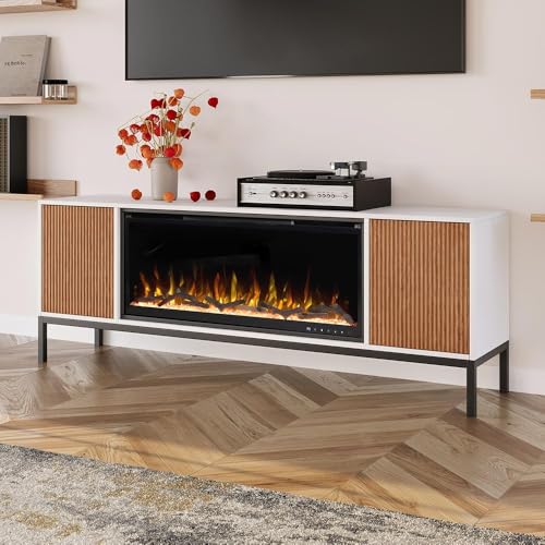 Modern Ember Emory 72-in Smart Electric Fireplace TV Stand | 42β Firebox Heater | Multi-Flame Colors | Remote Control, Alexa/WiFi Enabled | Fits TVs up to 80β | White with Fluted Details Modern Ember