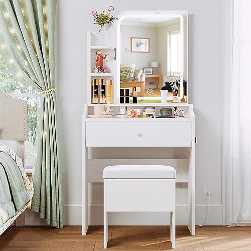 LIKIMIO Small Makeup Vanity Desk with Mirror and Lights, Vanity Table Set with Storage Drawer & Chair & 3 Shelves, Bedroom, White LIKIMIO