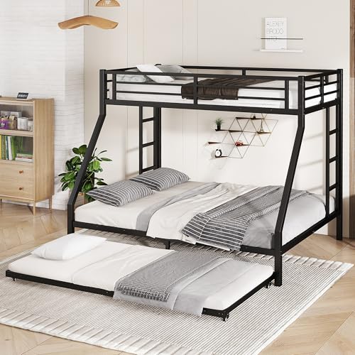 Bellemave Metal Twin XL Over Queen Bunk Beds with Trundle,Heavy Duty Bunk beds Frame for Adults,Kids,Teens,Space-Saving,Black Bellemave