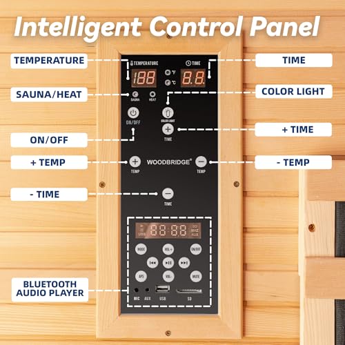 Woodbridge Infrared Home Sauna Room 2 Person Hemlock Wooden Indoor Sauna,7 Carbon 2230W/120V Heaters,with Led Color Therapy Light,Bluetooth Speaker,Tempered Glass,Touch-Tone Keypad and A Top Vent WOODBRIDGE