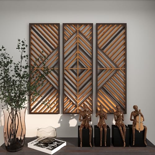 Deco 79 Wood Geometric Home Wall Decor Slatted Wood Design Wall Sculpture, Set of 3 Wall Art 12"W, 35"H, Brown Deco 79