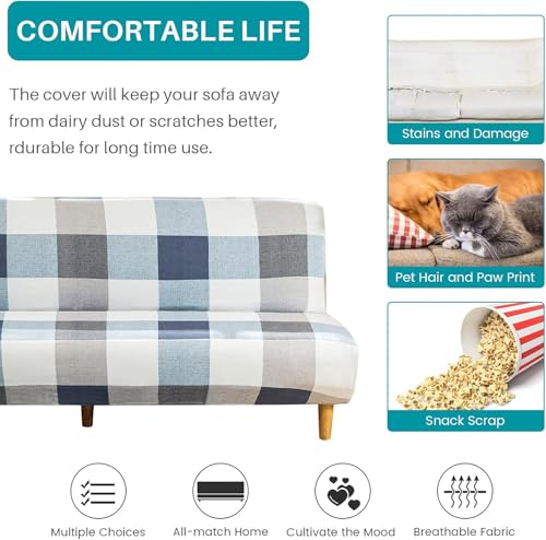 ele ELEOPTION Armless Sofa Bed Cover Stretch Slipcover Folding Couch Cover Futon Covers Full Size Furniture Protector Grid Print Color ele ELEOPTION