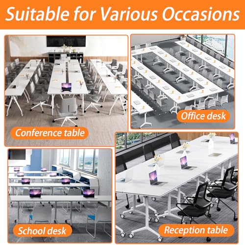 BTTBAOM White Folding Conference Table Bussiness Conference Room Tables with Flip-Top Design & Silent Wheels Portable for Trainings Offices Seminar Rooms (2pack, 47.3" D X 23.6" W X 29.5" H) BTTBAOM