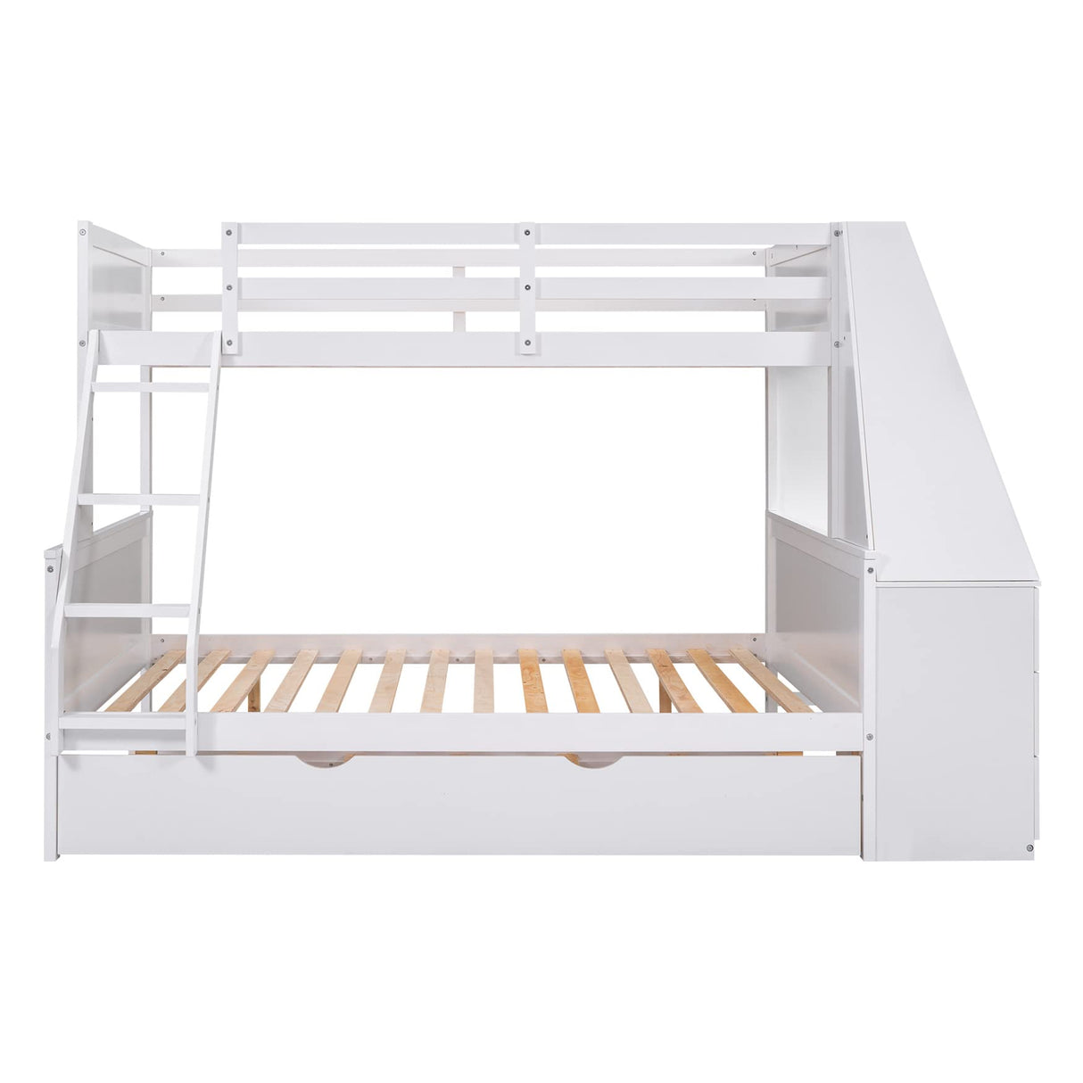 Bellemave Twin Over Full Bunk Bed with Trundle, Desk, Storage Drawers & Shelf in White Bellemave