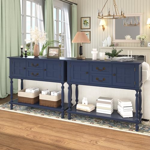 ZOSQUARE Farmhouse Console Table with 2 Drawers and 2 Cabinets, Sofa Table with Open Storage Shelf, Vintage Entryway Table for Entryway, Living Room, Hallway, Foyer ZOSQUARE