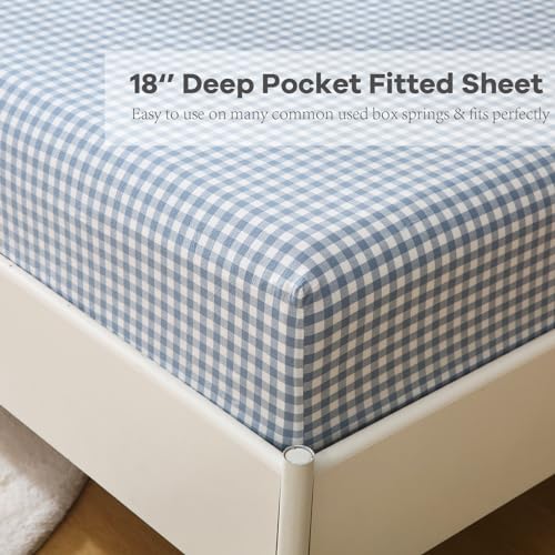 K MASANIJI Dust Blue White Plaid Ruffle Sheets Twin Size 4-Piece Set, 300TC 100% Yarn Dyed Cotton Sheets18 in Deep Pocket Preppy Gingham Sheets Decorative Bedding (Dust Blue/White Plaid, Twin) K MASANIJI