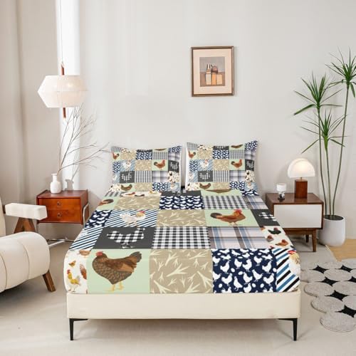 Feelyou Chicken Bed Sheets Set King Size Rooster Hen Print Sheet Set for Kids Boys Girls Decor Cute Blue Grey Green Sheets with Deep Pocket Fitted Sheet Geometric Bedroom Feelyou