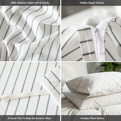 MooMee Striped Duvet Cover Set 100% Washed Cotton Linen Like Textured Breathable Durable Soft Comfy (White Dark Grey Wide Stripes, Queen 90"x90") MooMee