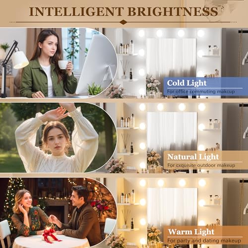 Furmax Make up Vanity Desk with Mirror and Power Outlet, Vanity with 3 Color Light Options Adjustable Brightness,Vanity Desk with 2 Drawers, 6 Storage Shelves (White, No Bench) Furmax