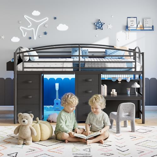 Low Loft Bed Twin Size with 7 Storage Drawers, Desk and LED Lights, Heavy Duty Metal Kids Loft Bed with 12" H Safety Guardrail, Anti-Collision Pad, Private Play Curtain, Under-Bed Play Space - Black Jocoevol