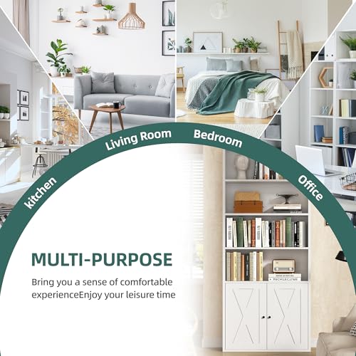 Shintenchi Bookshelf, Industrial Bookshelves and Bookcases with Doors Floor Standing 6 Shelf Display Storage Shelves 70.6 inches Tall Bookcase for Home Office, Living Room (White) Shintenchi