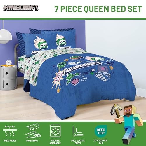 Jay Franco Kids Comforter Set Includes Sheets and Pillow Covers - Soft and Cozy Bed Set for Stylish Room Decor, Blue - Minecraft 02, 7 Piece Queen Bedding Jay Franco