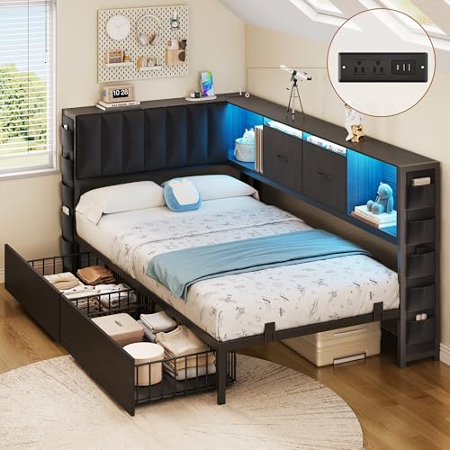 MapleGrace Twin Corner Bed Frame with Upholstered Storage Headboard and Drawers, Metal Platform Bed Frame with LED Light and Charging Station, Twin Daybed for Living Room, Bedroom & Guest Room, Black MapleGrace