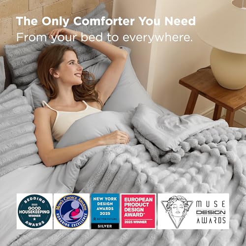 Bedsure Gentlesoft™ 2-in-1 Queen Comforter Set and Detachable Fluffy Blanket, Grey Bedding Set for All Season Use, SnapTech Design for Space Saving (Includes 2 Pillow Shams, 2 Pillowcases) Bedsure