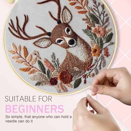 Huacan 1pc Stitched Deer with Floral Embroidery Kit - Handmade Craft Set for Creative Hobby & Unique Gift