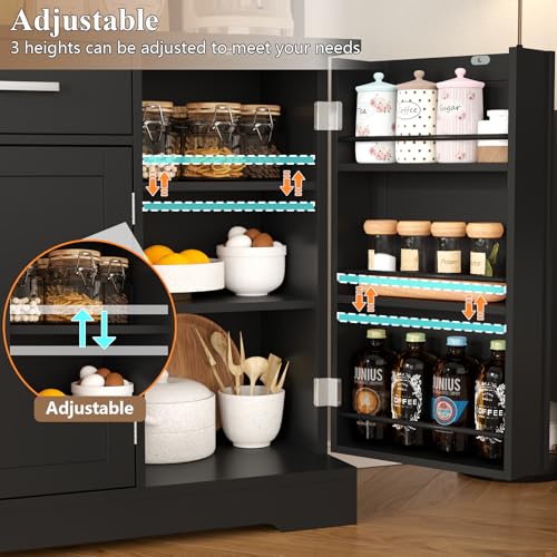 Tall Pantry Cabinet, Modern Kitchen Hutch with Microwave Stand, Kitchen Pantry Storage Cabinet with 2 Darwers & Door Shelf, Food Pantry with Goblet Holders & Adjustable Shelves for Dining Room, Black Gyfimoie