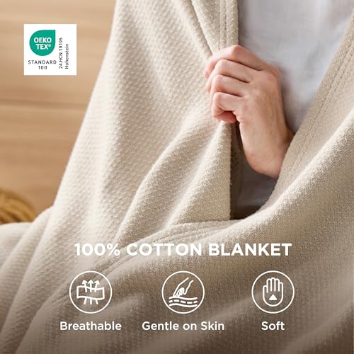 Bedsure GentleSoft 100% Cotton Blanket Queen Size for Bed - Breathable and Lightweight, Soft Cozy Textured Herringbone Woven Blanket for Summer Spring, Linen Beige, 90x90 inches Bedsure