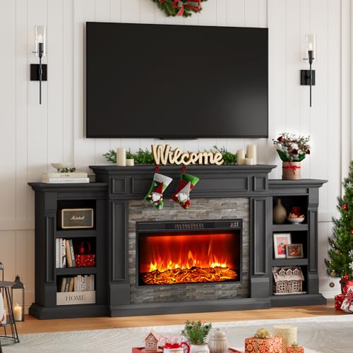 Naice 80" Electric Fireplace with Mantel, Fireplace TV Stand for TVs Up to 90", Modern Entertainment Center, Realistic Stacked Stone Surround 30" 3D Realistic Flame Heater Ideal for Living Room,Black Naice