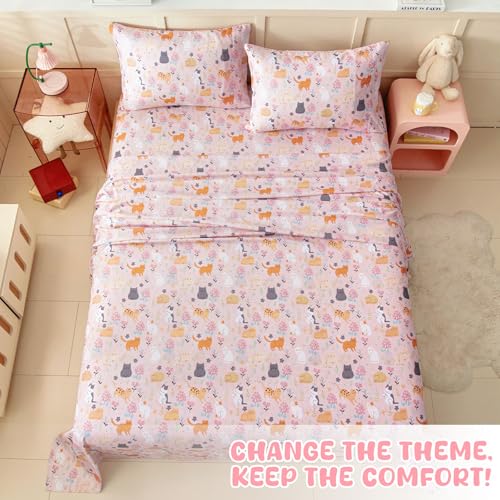 Swiftify Full Size Sheet Set for Kids, 4-Piece Bed Sheet Set for Teens Boys Girls, Cartoon Printed Bedding Set, Microfiber Deep Pocket, Wrinkle & Fade Resistant, Cute Cats Swiftify