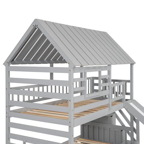 Ball & Cast Bunk Bed Twin Over Twin,House Bunk Bed with Trundle and Slide,Storage Staircase, Roof and Window Design, Full Length Guardrail,Suitable for Boys Girls Bedroom,Gray Ball & Cast
