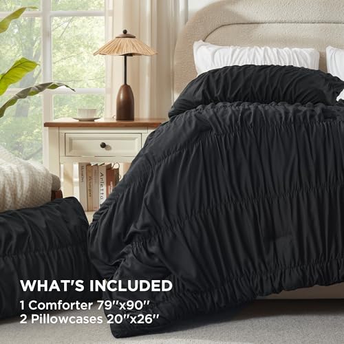 Andency Ruched Black Full Size Comforter Sets, Shabby Chic Pleatd Bedding Sets 3 Pieces, Lightweight Soft Boho Ruffle Bed Set for Girls, Kids, Women, All Season Andency