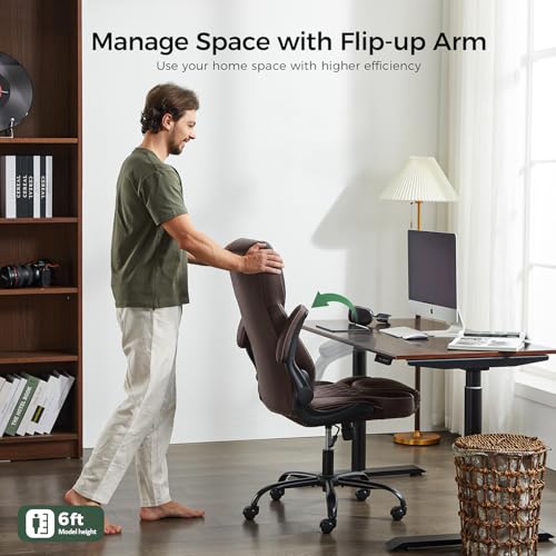 amseatec Office Chair, Executive PU Leather Chair, Ergonomic Computer Desk Chair with Lumbar Support and Adjustable Flip-Up Arms, Rocking Task Chair (Brow amseatec