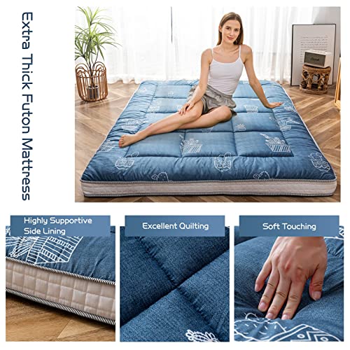 MAXYOYO Grey Cactus Pattern Queen Size Futon Mattress, Quilted Bed Mattress Topper, Extra Thick Folding Sleeping Pad, Breathable Floor Lounger, Guest Bed for Camping, Couch MAXYOYO