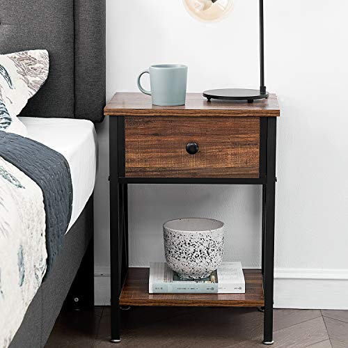 VECELO Modern Versatile Nightstands X-Design Side End Table Night Stand Storage Shelf with Bin Drawer for Living Room Bedroom, Set of 2 (Brown) VECELO