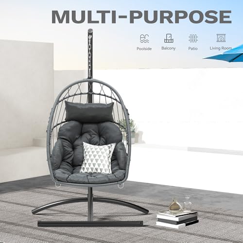DWVO Egg Chair with Stand, Hanging Outdoor Rattan Wicker Patio Hammock Indoor Egg Chair with Cushion, Hanging Swing Chair 300lbs for Porch, Garden, Bedroom, Balcony, Gray DWVO