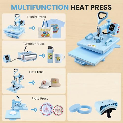 Upgrade 15x15 Heat Press, 5in1 Set Heat Press Machine with 11-30oz Tumbler/Mug/Hat Press, 360° Swing Away Digital Shirt Press, Slide Out Sublimation heatspress for Beginners (15‘’X15‘’ Blue 5in1) AKEYDIY