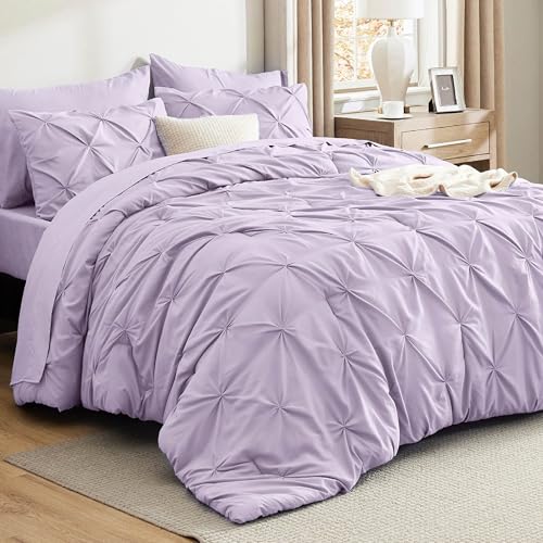 Bedsure Full Comforter Set Light Purple - Bed in a Bag Full Size Bedding Set 7 Pieces, GentleSoft™ Pintuck Bed Set Gift for Family, Pinch Pleat All Season Comforter with Sheets, Pillowcases & Shams Bedsure