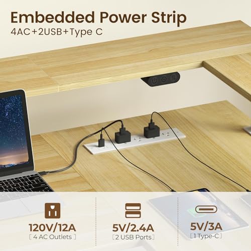 Rolanstar L Shaped Standing Desk with Keyboard Tray, Height Adjustable Corner Desk with LED Light & Power Outlet, Electric Sit Stand Computer Desk with Monitor Stand, Beige Rolanstar