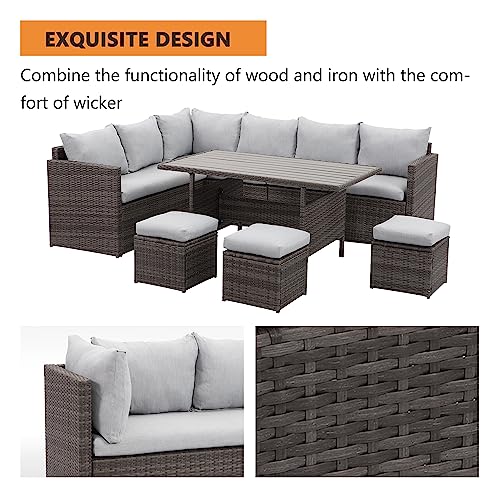 Solaste 7 Piece Patio Furniture Set, All Weather Wicker Patio Conversation Sets with Cushion Seat & Pillows, Outdoor Dining Set, Patio Furniture Outdoor Sectional, Grey Solaste