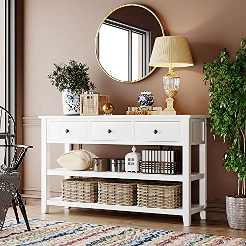 Mid-Century Console Table Modern Solid Wood Frame Sofa Table with 2 Tier Open Shelves and 3 Top Storage Drawers Entryway Table for Living Room Hallway Foyer, Easy Assembly Knocbel