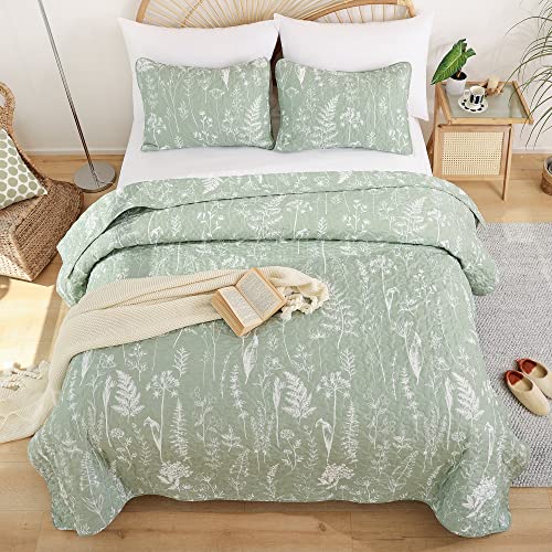 JANZAA Quilts Queen Size Sage Green Quilt Botanical with Floral Pattern Microfiber Bedspreads Queen Size 3 Pieces Lightweight Comforter Reversible Bedding Set with 2 Pillow Cases JANZAA