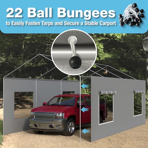 Carport Canopy Replacement Sidewall 20x6.6 FT Fits 10x20, 12x20, 20x20 FT Carport with Roll-up Windows, Waterproof & UV Protected, Easy Assembly with Ball Bungees, Grey (Sidewall Only, 1 Pack) FLOUREE
