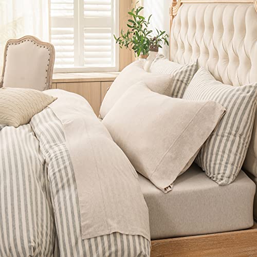 PURE ERA Jersey Knit 4pc Bed Sheet Set 100% T-Shirt Heather Cotton Super Soft Comfy Breathable Fits Mattress Up to 20" Extra Deep Pocket (Heather Beige, King) PURE ERA