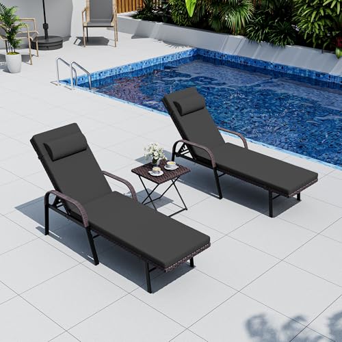 ASJMR Patio Chaise Lounge Set 3 Pieces Outdoor Lounge Chair with Rattan Adjustable Backrest Armrest and Folding Table for Beach Patio,Sand, for Poolside Backyard Porch