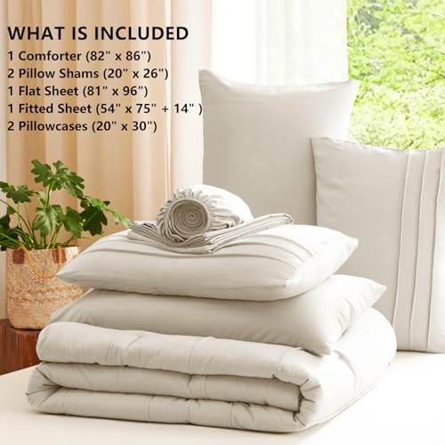CozyLux Full Size Comforter Sets Beige, 7 Pieces Soft Pinch Pleat Bed in a Bag Full Comforter Set with Sheets, Boho Bed Set with Down Alternative Comforter, Sheets, Pillowcases & Shams CozyLux