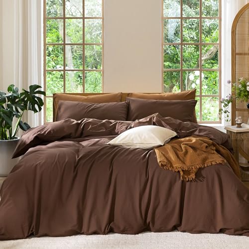 MooMee Bedding Duvet Cover Set 100% Washed Cotton Linen Like Textured Breathable Durable Soft Comfy (Solid Cocoa Brown, King 104"x90") MooMee