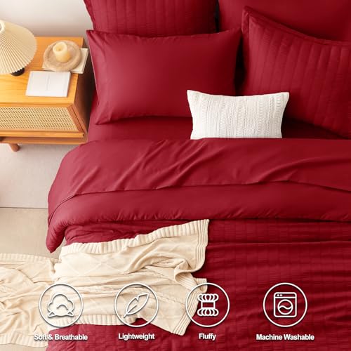 CozyLux Queen Comforter Set Dark Red Seersucker 7 Pieces Bed in a Bag Queen Comforter Set with Sheets, Luxury Soft Bedding Set with Down Alternative Comforter, Sheets, Pillowcases & Shams All Seasons CozyLux