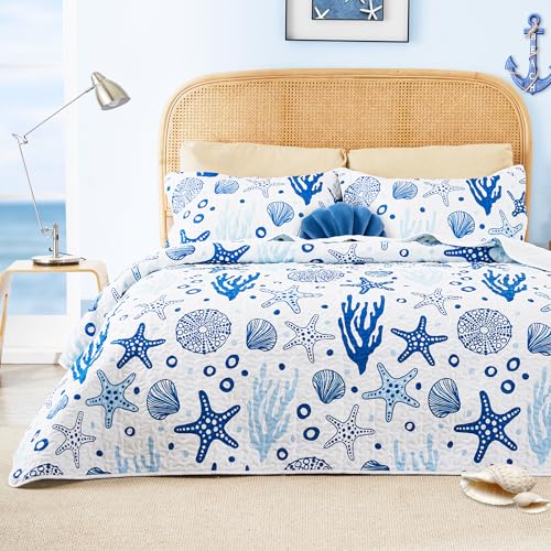 Love's cabin Twin Quilt Bedding Set Coastal White Bedspreads - Soft Bed Summer Beach Nautical Quilt Lightweight Bedspread- Reversible Bedding Coverlet for All Season - 2 Piece Love's cabin